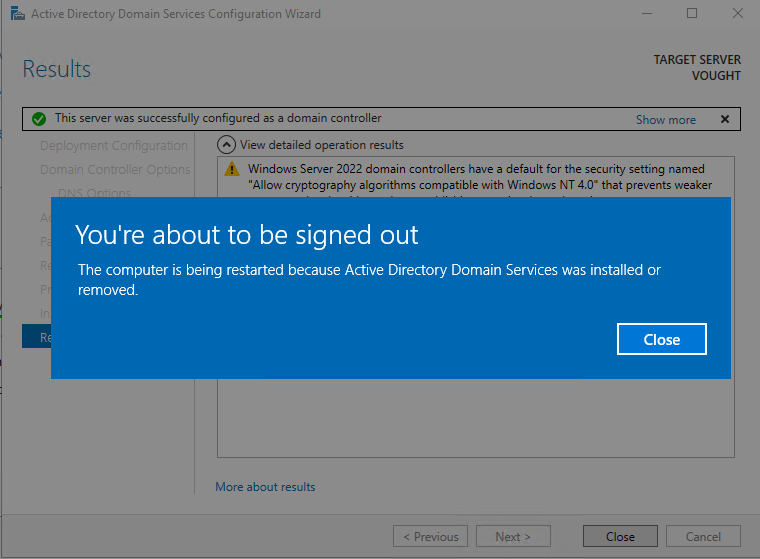 Windows blue restart warning screen indicating the DC promotion is complete and server is restarting